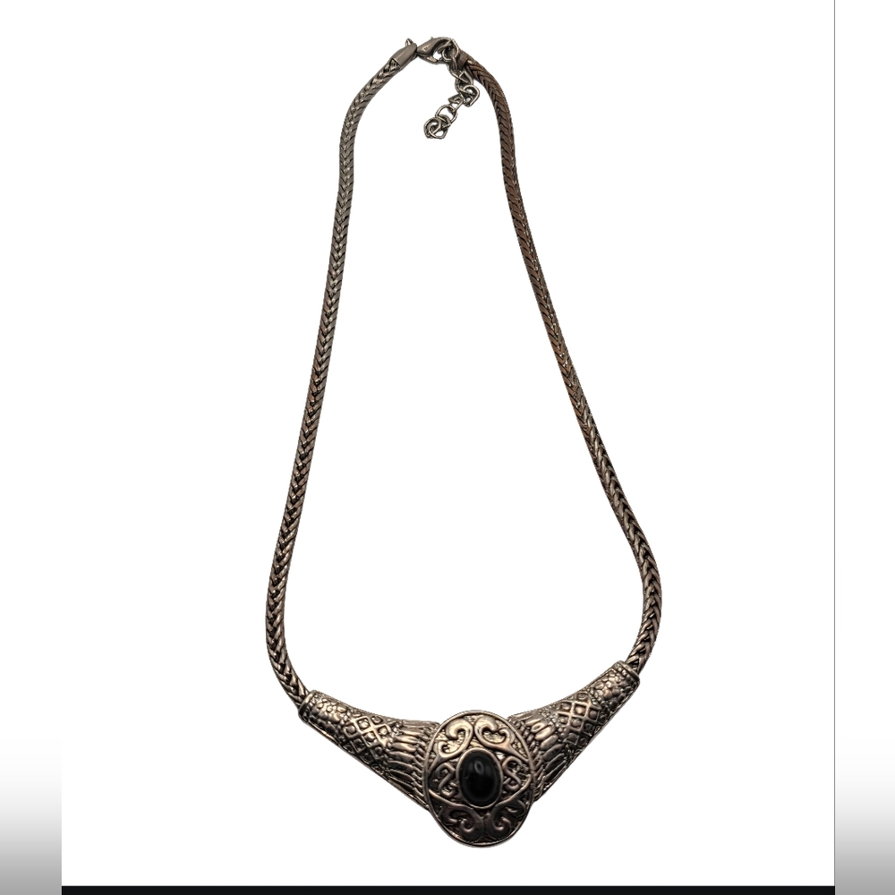 Choker Necklace, Silver Tone, Black Stone